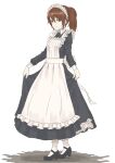  1girl alternate_costume apron bangs black_dress black_footwear bobby_socks brown_eyes brown_hair commentary_request dress enmaided frilled_dress frills full_body highres kantai_collection long_hair long_sleeves looking_at_viewer maid maid_apron maid_headdress nito_(nshtntr) petticoat ryuujou_(kancolle) simple_background skirt_hold smile socks solo standing twintails white_apron white_legwear 