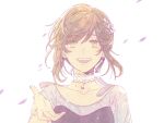  1girl :d bangs brown_hair choker dress earrings green_eyes hair_ornament highres jewelry jiukuzi18797 long_hair looking_at_viewer open_mouth petals purple_dress rosa_(tears_of_themis) simple_background smile solo tears_of_themis white_background white_choker 