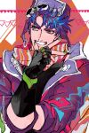  1boy aviator_cap battle_tendency blue_eyes doyagao fingerless_gloves gloves green_eyes green_nails grin highres jacket jojo_no_kimyou_na_bouken joseph_joestar joseph_joestar_(young) male_focus nigelungdayo scarf smile smirk smug solo striped striped_scarf web_address 