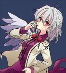  1girl bangs beige_jacket blue_background bow bowtie braid dress eyebrows_visible_through_hair feathered_wings hair_between_eyes kishin_sagume long_sleeves purple_dress red_bow red_bowtie short_hair silver_hair silver_wings simple_background single_wing solo touhou wings yoriteruru 