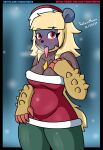  anthro arzuros blonde_hair blue_face blush breath capcom christmas christmas_clothing christmas_headwear clothing female fur green_body green_fur hair hat headgear headwear hi_res holidays long_tongue looking_at_viewer mammal monster_hunter open_mouth primatius red_clothing red_eyes santa_hat signature simple_background snow solo text theidiotmuffin tongue tongue_out ursid video_games 