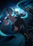  1girl absurdly_long_hair absurdres aqua_eyes aqua_hair bare_shoulders black_legwear black_skirt blue_eyes blue_hair commentary detached_sleeves earth_(planet) floating hatsune_miku headphones headset highres holding holding_microphone long_hair microphone music necktie night night_sky open_mouth planet pleated_skirt singing skirt sky sleeveless smile solo space star_(sky) thighhighs twintails vertigris very_long_hair vocaloid zero_gravity 