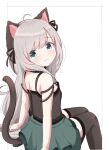  1girl absurdres ahoge animal_ears arknights black_legwear black_ribbon black_shirt blue_eyes blush cat_ears cat_girl cat_tail collar commentary feet_out_of_frame from_behind green_skirt grey_hair hair_ribbon highres infection_monitor_(arknights) long_hair looking_at_viewer looking_back mint_(arknights) rebaa ribbon shirt simple_background skirt smile solo tail thighhighs very_long_hair white_background 