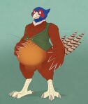  2020 4_toes 5_fingers anisodactyl anthro avian beak belly big_belly biped bird bird_feet blue_body blue_feathers bottomless brown_body brown_feathers button_(fastener) button_pop claws clothed clothing common_pheasant dated digital_media_(artwork) digitigrade eye_markings eyebrows faisan_(foxcall) feather_hands feathered_wings feathers featureless_crotch feet fingers galliform green_background green_clothing green_topwear green_vest grey_claws hand_on_stomach hi_res holding_belly looking_at_self looking_down male markings multicolored_body multicolored_feathers open_clothing open_topwear open_vest overweight overweight_anthro overweight_male partially_clothed phasianid phasianus pink_tongue raised_eyebrows red_body red_feathers red_markings royalty_(artist) scutes shaded signature simple_background solo surprise tail_feathers tan_beak tan_body tan_feathers thick_thighs toe_claws toes tongue topwear vest weight_gain white_body white_feathers wide_eyed wide_hips wings yellow_eyes 