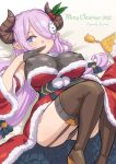  1girl bell belt black_gloves black_panties blue_eyes blush boots braid brown_legwear christmas covered_nipples crown_braid draph finger_to_mouth fur_trim garter_straps gloves granblue_fantasy heart heart-shaped_pupils horns kensaint knees_up leotard leotard_under_clothes light_purple_hair long_hair low-tied_long_hair lying narmaya_(granblue_fantasy) on_back on_bed panties pointy_ears pom_pom_(clothes) santa_dress sheer_leotard side_braid solo symbol-shaped_pupils taut_clothes thigh_boots thighhighs underwear very_long_hair 