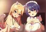  2girls alternate_costume animal_ears bell blonde_hair blue_eyes blue_hair breasts cat_ears cat_tail enmaided fang highres jingle_bell large_breasts long_hair looking_at_viewer maid mole mole_on_breast multiple_girls original red_eyes sakamata smile tail 