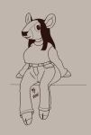  anthro belt blank_expression bottomwear breasts cervid clothed clothing denim denim_clothing doll eyelashes female fingerless hair hooves jeans line_art long_hair mammal monochrome pants plushie simple_background simple_eyes sitting smile solo sweater topwear useful_bear wide_hips 
