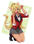  1girl absurdres animal_ears black_legwear blonde_hair blush cat_ears cat_tail green_eyes highres hyakkaou_academy_uniform kakegurui kneeling one_eye_closed open_mouth paw_pose paw_print sasaya solo tail teeth totobami_yumi upper_teeth 