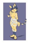  2020 animal_crossing ankha_(animal_crossing) anthro barely_visible_genitalia barely_visible_pussy blush breasts claws clothing egyptian_clothing erect_nipples felid feline female genitals hi_res jokoifu looking_away mammal mummy_wrappings nintendo nipples pussy simple_background solo video_games 