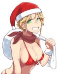  1girl bangs bikini black_bandana blonde_hair breasts christmas cleavage commentary front-tie_bikini front-tie_top girls_und_panzer green_eyes grin hat highres holding holding_sack jane_(girls_und_panzer) large_breasts leaning_forward looking_at_viewer over_shoulder red_bikini red_headwear sack santa_bikini santa_hat short_hair side-tie_bikini simple_background smile solo star_ornament swimsuit upper_body white_background yougata 