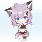 1girl ahoge animal_ear_fluff animal_ears arknights arm_behind_back bangs bare_shoulders barefoot bikini black_bikini blue_eyes blush_stickers chibi closed_mouth commentary_request eyebrows_visible_through_hair fox_ears fox_girl fox_tail full_body grey_hair hair_between_eyes hair_ornament hairclip hand_up highres low_twintails navel rebaa see-through short_twintails smile solo standing sussurro_(arknights) swimsuit tail twintails 