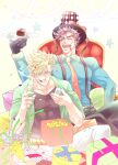  2boys blonde_hair blue_eyes caesar_anthonio_zeppeli cake facial_mark food food_on_face gift gloves green_eyes grin hat headband holding holding_plate jojo_no_kimyou_na_bouken joseph_joestar joseph_joestar_(young) male_focus multiple_boys necktie one_eye_closed plate s_gentian sitting smile suspenders top_hat 