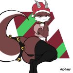  absurd_res anthro bell big_butt big_tail butt christmas clothing crop_top female hat headgear headwear hi_res holidays horn kobold legwear noxavious rubi scalie shirt smug solo thick_thighs thigh_highs thong topwear underwear 