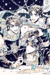  3boys battle_tendency caesar_anthonio_zeppeli chain character_cutout dio_brando fingerless_gloves gloves hat highres jojo_no_kimyou_na_bouken jonathan_joestar joseph_joestar joseph_joestar_(young) kakyoin_noriaki kujo_jotaro male_focus multiple_boys nigelungdayo origami paper_chain phantom_blood scarf stardust_crusaders striped striped_scarf table 