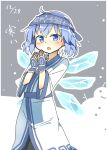  1girl blue_eyes blue_hair blush cirno ice_shard japanese_clothes kimono matsu_kitsune snowing snowman solo touhou 