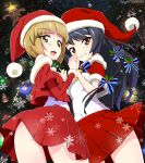  2girls bangs bell black_hair blonde_hair blue_bow blue_bowtie blunt_bangs blush bob_cut bow bowtie brown_eyes christmas christmas_tree commentary covered_navel cropped_jacket cutlass_(girls_und_panzer) datemaki_360 english_commentary eyebrows_visible_through_hair fur-trimmed_jacket fur_trim girls_und_panzer grin hair_bow hat highres holding_hands holly interlocked_fingers jacket layered_sleeves long_hair long_sleeves looking_at_viewer miniskirt mixed-language_commentary multiple_girls neck_bell off-shoulder_jacket off_shoulder open_mouth pleated_skirt red_headwear red_jacket red_skirt reizei_mako santa_costume santa_hat shirt short_hair short_over_long_sleeves short_sleeves skirt smile snowflakes standing star_ornament twitter_username watermark white_shirt yellow_eyes 