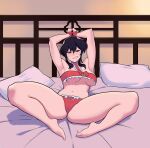  absurdres armpits bare_legs barefoot bdsm bed black_eyes black_hair bondage bound bound_wrists breasts cameltoe christmas commission commissioner_upload covered_nipples fire_emblem fire_emblem:_genealogy_of_the_holy_war frills grin highres larcei_(fire_emblem) lingerie narrowed_eyes odatakai panties partially_visible_vulva pillow red_panties ribbon smile smirk smug spread_legs toes underboob underwear 