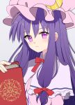  1girl :| absurdres bangs book bow capelet closed_mouth crescent crescent_pin grey_background hair_bow hat highres holding holding_book long_hair looking_at_viewer mob_cap patchouli_knowledge pink_headwear purple_capelet purple_eyes purple_hair red_bow red_neckwear sidelocks simple_background solo touhou upper_body yoriteruru 