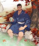  00047 1boy bara beard black_hair blue_eyes commentary cor_leonis facial_hair final_fantasy highres japanese_clothes kimono male_focus mature_male muscular muscular_male oak_leaf pectorals short_hair sideburns solo sword weapon yukata 