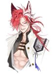  1boy abs bangs earrings fate/grand_order fate_(series) grin highres jacket japanese_clothes jewelry k500yen long_hair looking_at_viewer male_focus multicolored_hair open_mouth pectoral_cleavage pectorals red_eyes red_hair smile solo split-color_hair streaked_hair takasugi_shinsaku_(fate) two-tone_hair upper_body white_hair white_jacket 