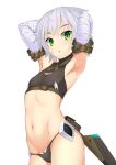  1girl absurdres armpits arms_behind_head arms_up bandaged_arm bandages bangs bare_shoulders black_legwear black_panties black_vest breasts cropped_vest fate/apocrypha fate_(series) green_eyes hair_between_eyes highres jack_the_ripper_(fate/apocrypha) looking_at_viewer navel open_mouth panties scar scar_across_eye scar_on_cheek scar_on_face short_hair shoulder_tattoo small_breasts tattoo thighhighs thighs underwear vest white_hair yamachi_(xadp7533) 