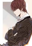  1boy absurdres bowl_cut brown_hair closed_eyes crossed_arms death_note highres male_focus nigelungdayo pinstripe_pattern sleeping solo striped upper_body wing_collar yagami_light 
