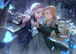  2girls absurdres arm_up bangs bare_shoulders black_gloves blonde_hair blue_dress blue_eyes blue_fire blurry blurry_background blush bow bracelet bug butterfly buttons cassandra_vole character_request chinese_commentary choker closed_mouth commentary_request cowboy_shot crescent dress earrings elbow_gloves fire gloves green_bow green_dress green_eyes grey_hair hair_ornament hand_on_another&#039;s_waist hands_up harry_potter:_magic_awakened highres holding holding_lantern jewelry lantern long_hair long_sleeves looking_at_another looking_away multiple_girls parted_bangs sleeveless sleeveless_dress smile snowflake_hair_ornament white_gloves yuzhi 