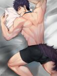  1boy ass back bara black_male_underwear boxer_briefs commentary_request highres lying male_focus male_underwear muscular muscular_male navel ninetyyou nipples on_bed on_stomach original solo tail thighs topless topless_male underwear wolf_tail 