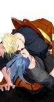  2boys black_shirt blonde_hair blue_hair brown_jacket closed_eyes closed_mouth couple galo_thymos highres jacket kray_foresight male_focus multiple_boys muscular muscular_male pants pectorals promare shirt short_hair sidecut smile spiked_hair white_6606 