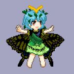  1girl 999_(hansode) antennae aqua_hair barefoot butterfly_wings dress eternity_larva fairy full_body green_dress grey_background hair_between_eyes leaf leaf_on_head lowres multicolored_clothes multicolored_dress open_mouth orange_eyes outstretched_arms pixel_art short_hair simple_background single_strap smile solo spread_arms touhou wings 