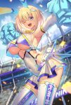  1girl animal_ears armpits bangs blonde_hair blue_eyes blush breasts covered_navel elbow_gloves eyebrows_visible_through_hair from_side gloves highres large_breasts leotard looking_at_viewer one_eye_closed open_mouth original pom_pom_(cheerleading) rabbit_ears short_hair smile solo_focus sophia_f_shirring takamine_nadare thighhighs thighs underboob white_gloves white_legwear white_leotard 