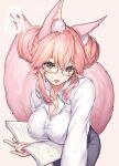  1girl animal_ear_fluff animal_ears bangs blush breasts cleavage collared_shirt commentary_request fate/grand_order fate_(series) fox_ears fox_girl fox_tail glasses large_breasts long_sleeves looking_at_viewer mogullaz open_mouth pink_hair shirt simple_background smile solo tail tamamo_(fate) white_shirt yellow_eyes 