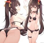  1girl ass back bangs bikini black_bikini black_choker blush breasts brown_eyes brown_hair chintora0201 choker cleavage closed_mouth commentary_request eyebrows_visible_through_hair flower flower-shaped_pupils from_behind genshin_impact ghost hair_flower hair_ornament highres hu_tao_(genshin_impact) long_hair looking_at_viewer medium_breasts multiple_views navel open_mouth red_flower simple_background standing stomach swimsuit symbol-shaped_pupils thigh_strap twintails very_long_hair white_background wrist_cuffs 