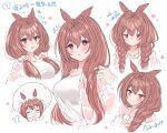  1girl =_= ? ?? animal_ears bangs blush braid breasts brown_hair closed_eyes closed_mouth daiwa_scarlet_(umamusume) eyebrows_visible_through_hair hair_between_eyes hair_intakes hair_over_shoulder horse_ears ittokyu jacket large_breasts long_hair low_twintails multiple_views open_clothes open_jacket parted_lips pink_jacket red_eyes shirt single_braid translation_request twin_braids twintails umamusume v-shaped_eyebrows white_background white_shirt 