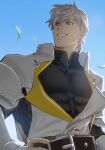  1boy armor bangs bara black_bodysuit blue_eyes bodysuit covered_abs fate/grand_order fate_(series) large_pectorals male_focus mature_male muscular muscular_male open_mouth pectorals percival_(fate) short_hair smile solo syo_chikubai white_hair 