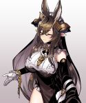  1girl animal_ears asymmetrical_clothes bangs breasts brown_hair closed_mouth detached_sleeves eyebrows_visible_through_hair frilled_sleeves frills galleon_(granblue_fantasy) gloves highres horns large_breasts long_hair multicolored_hair outstretched_arms parted_lips pointy_ears sidelocks solo spread_arms streaked_hair tsukinami_kousuke very_long_hair white_gloves 