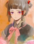  1girl black_hair bow closed_mouth gensou_suikoden gensou_suikoden_v hair_rings looking_at_viewer lyon_(gensou_suikoden) natsuo_(hatohaco) pink_bow purple_eyes ribbon short_hair simple_background solo 