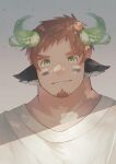  1boy animal_ears bara brown_hair closed_mouth cow_boy cow_ears facial_hair fiery_horns forked_eyebrows glowing_horns goatee green_eyes highres horns kauri097 looking_at_viewer male_focus revision shirt short_hair simple_background smile solo tokyo_afterschool_summoners upper_body wakan_tanka white_shirt 