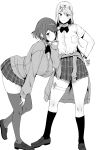  2girls :o alternate_costume amano_don bangs black_legwear blush breasts commentary_request eyebrows_visible_through_hair full_body greyscale hand_on_hip hand_on_own_thigh headpiece highres huge_breasts kneehighs large_breasts leaning_forward long_hair long_sleeves looking_at_viewer looking_to_the_side miniskirt monochrome multiple_girls mythra_(xenoblade) plaid plaid_skirt pleated_skirt pyra_(xenoblade) ribbon school_uniform simple_background skirt swept_bangs thigh_strap thighhighs tiara very_long_hair white_background xenoblade_chronicles_(series) xenoblade_chronicles_2 zettai_ryouiki 