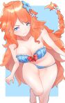  1girl bandeau bangs barefoot bikini blue_bikini blue_eyes blue_flower bow braid breasts collarbone eyebrows_visible_through_hair flower french_braid frilled_bikini frills hair_between_eyes hair_flower hair_ornament highres leaning_forward long_hair looking_at_viewer medium_breasts nijisanji orange_hair osyake_illust otogibara_era red_bow side_braid smirk solo standing standing_on_one_leg swimsuit thighs very_long_hair virtual_youtuber white_flower 