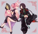  1boy 1girl animal_ears baggy_pants black_gloves black_hair braid breasts center_opening china_dress chinese_clothes closed_eyes crossed_legs dress fate/grand_order fate_(series) fingers_together fox_ears fox_tail gloves hair_bun hand_fan highres kak_hac koyanskaya_(fate) large_breasts pants pink_hair sitting smile tai_gong_wang_(fate) tail tamamo_(fate) underboob 