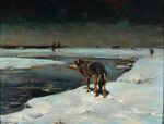  1910 20th_century absurd_res alfred_kowalski ambiguous_gender ancient_art black_body black_fur brown_body canid canine canis detailed_background duo feral fur hi_res ice mammal nude oil_painting_(artwork) outside painting_(artwork) public_domain quadruped signature sky snow solo_focus standing traditional_media_(artwork) wolf 