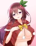  1girl alternate_breast_size breasts brown_hair cape commentary_request gradient gradient_background highres huge_breasts kantai_collection kisaragi_(kancolle) kisaragi_mizuto long_hair looking_at_viewer mistletoe nude pink_background purple_eyes red_cape solo upper_body white_background 