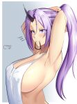  1girl absurdres adjusting_hair apron armpits arms_behind_head arms_up bangs blush breasts castell cleavage closed_mouth collarbone covered_nipples hair_tie_in_mouth highres large_breasts long_hair mouth_hold naked_apron parted_bangs ponytail purple_eyes purple_hair purple_nails shion_(tensei_shitara_slime_datta_ken) sideboob smile solo tensei_shitara_slime_datta_ken upper_body white_apron 