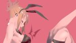  animal_ears arm_support black_leotard blonde_hair breasts closed_eyes detached_collar from_side henken highres leotard medium_breasts original playboy_bunny rabbit_ears red_background sideboob sienna_(henken) thigh_strap thighs 