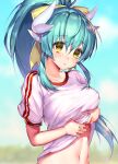  1girl absurdres bangs blurry blurry_background blush clothes_lift commentary_request dragon_girl dragon_horns eyebrows_visible_through_hair fate/grand_order fate_(series) green_hair gym_uniform highres horns kiyohime_(fate) looking_at_viewer mogullaz navel outdoors parted_lips shirt shirt_lift short_sleeves solo white_shirt yellow_eyes 