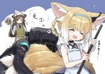  1other 2girls animal_ear_fluff animal_ears apron arknights ascot bangs bare_shoulders black_ascot black_choker black_coat blonde_hair blue_gloves blue_hairband broom brown_hair cat_ears choker closed_eyes closed_mouth clothes_writing coat collared_shirt colored_inner_hair doctor_(arknights) earpiece eyebrows_visible_through_hair feather_duster flying_sweatdrops folinic_(arknights) fox_ears fox_girl fox_tail gloves green_apron green_hair grey_shirt hairband hand_on_hip head_scarf holding holding_broom long_hair long_sleeves mitake_eil multicolored_hair multiple_girls multiple_tails open_mouth purple_background shirt short_hair sidelocks signature straight_hair suzuran_(arknights) sweatdrop tail tail_hug translation_request two-tone_background two-tone_hair v-shaped_eyebrows white_apron white_background white_hair wrist_cuffs yellow_eyes 