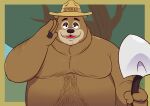  2021 anthro belly brown_body clothing hat headgear headwear hi_res humanoid_hands male mammal moobs overweight overweight_male plant pork_baozu smokey_bear solo tree ursid 