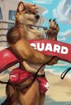  2021 5_fingers anthro beach black_nose black_pawpads brown_body brown_fur bulge canid canine canis chest_tuft claws clothed clothing domestic_dog fangs finger_claws fingers fur german_shepherd herding_dog hi_res humanoid_hands juiceps life_preserver lifeguard lifeguard_tower male mammal pastoral_dog pawpads pouch_(disambiguation) sand seaside signature smile solo speedo standing swimwear teeth topless topless_male tuft 