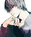  1boy brown_hair death_note grey_hair hair_between_eyes hand_on_own_chin head_rest looking_to_the_side male_focus nigelungdayo red_eyes solo upper_body yagami_light 